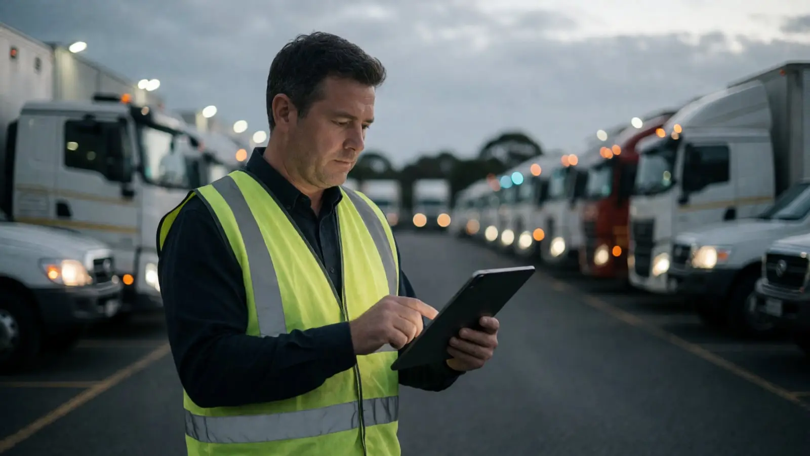A fleet manager in a hi-vis vest reviews a tablet at a truck and ute depot at dusk